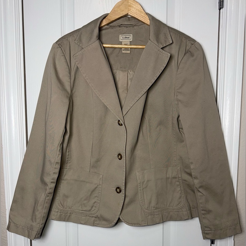 LL Bean Petite Stretch Cotton Blazer Jacket Tan/Beige Size 8 Petite